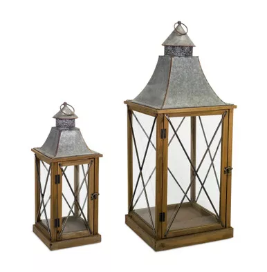 Set of 2 Gray and Brown Distressed Wood Finish Cast Iron Top Lantern with Metal Handle and Glass Sides